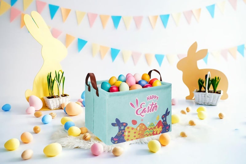 CLOCOR Rectangular Blue Easter Egg Gift Basket Empty,Waterproof Storage Basket with Handles,Room Decor(Blue Easter Bunny) - Image 4